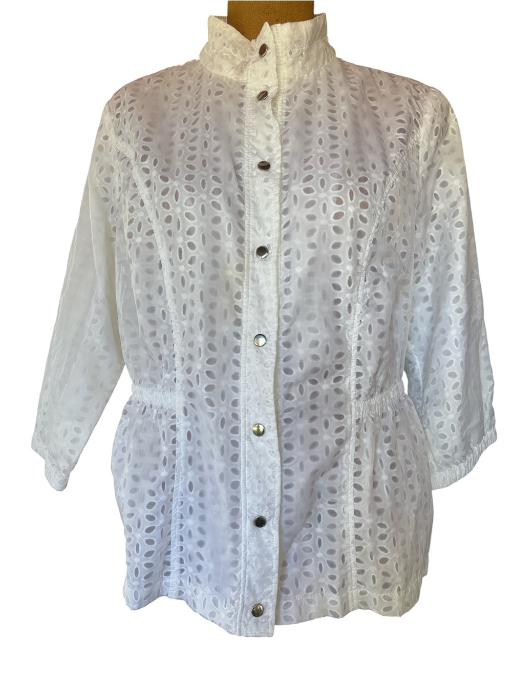 Chico's White Eyelet Snap-Front Shirt with Stand Collar